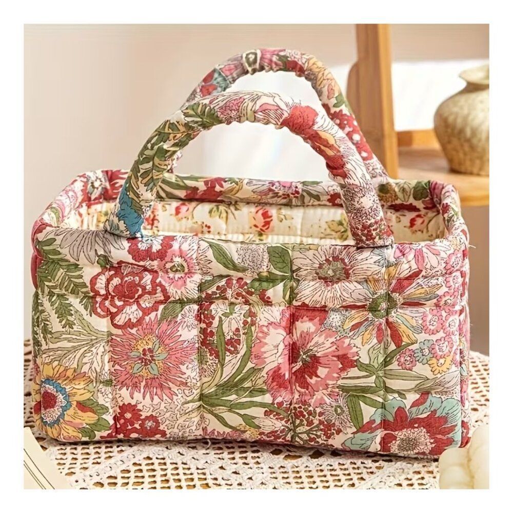 Vintage Floral Print Quilted Storage Basket w/Handles Cottagecore Retro Bohemian